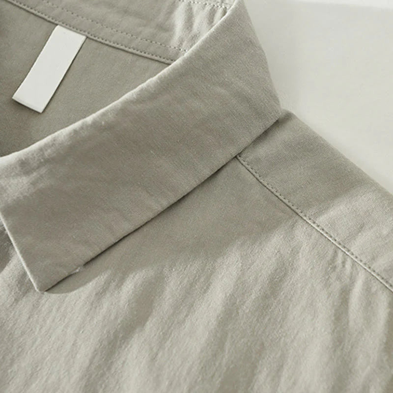 Buddha Stones Simple Solid Color Buttons Down Men's Stand Collar Long Sleeve Cotton Shirt
