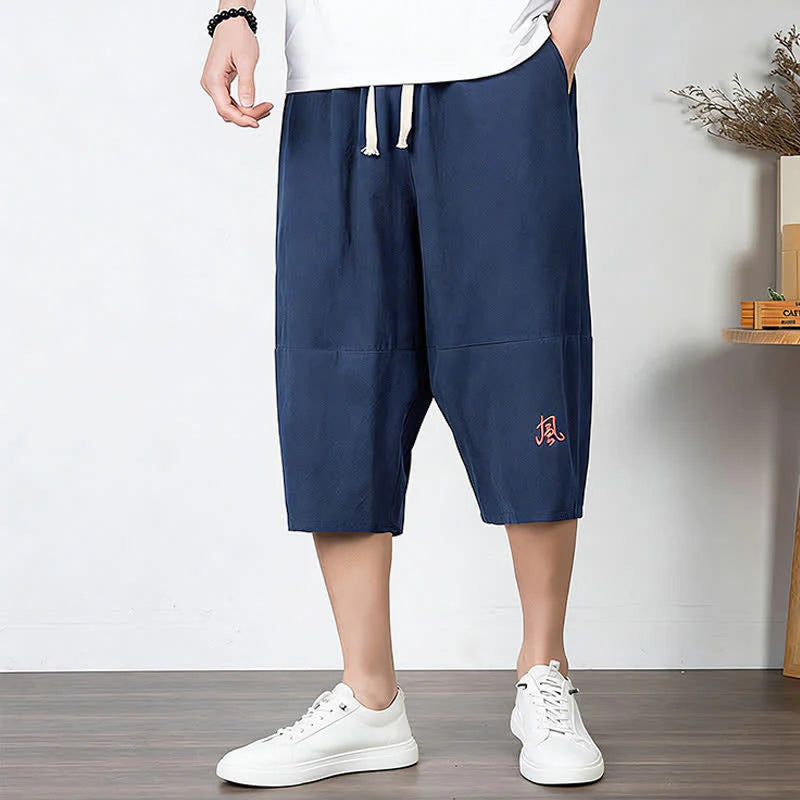Buddha Stones Plain Drawstring Capri Length Men's Cotton Linen Harem Pants With Pockets