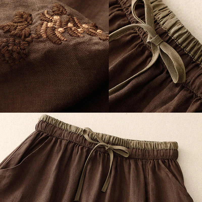 Buddha Stones Vintage Solid Embroidery Drawstring Women's Skirt With Pockets