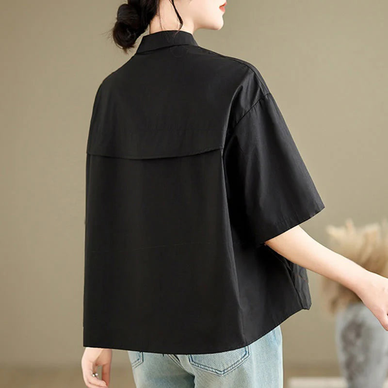 Buddha Stones Casual Women's Embroidered Jellyfish Pattern Stand Collar Buttons Design Half Sleeve Cotton Shirt
