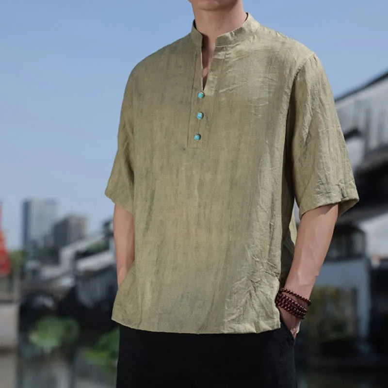 Buddha Stones Summer Dai Ethnic Short Sleeve Men's Notched Collar Button T-Shirt