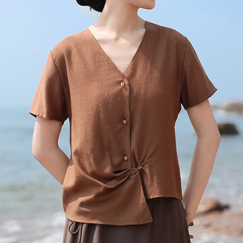 Buddha Stones Button Irregular Design V-Neck Cotton Linen Women's Short Sleeve Shirt