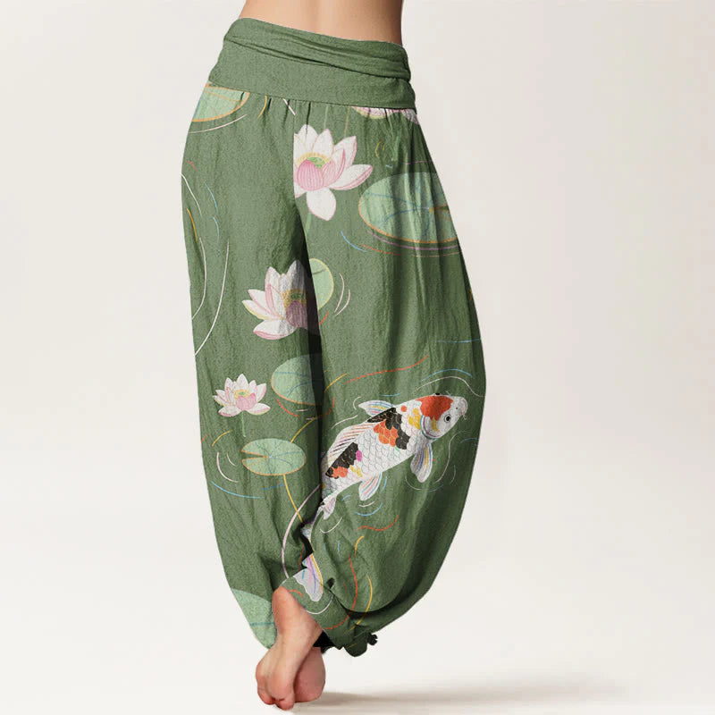 Buddha Stones Cotton Lotus Flower Lotus Leaves Koi Fish Water Ripples Pattern Women's Elastic Waist Harem Pants