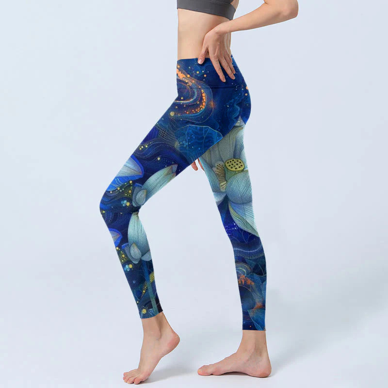 Buddha Stones Blooming White Lotus Pattern Print Gym Leggings Women's Yoga Pants