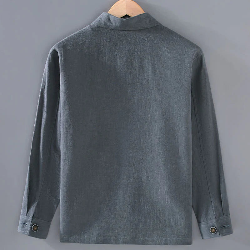 Buddha Stones Commute Plain Long Sleeve Button Lapel  Design Men's Ramie Linen Jacket With Pockets