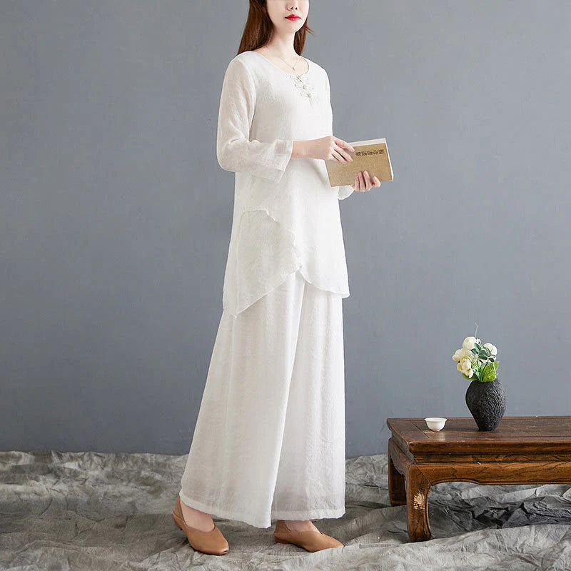 Buddha Stones 2Pcs Beige Chinese Frog-Button Design Long Sleeve Shirt Top Pants Meditation Zen Tai Chi Cotton Linen Clothing Women's Set
