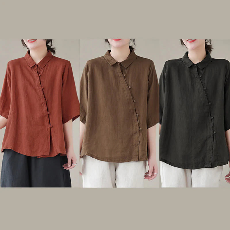 Buddha Stones Lapel Frog-Button Diagonal Placket Design Three Quarter Sleeve Women's Cotton Shirt