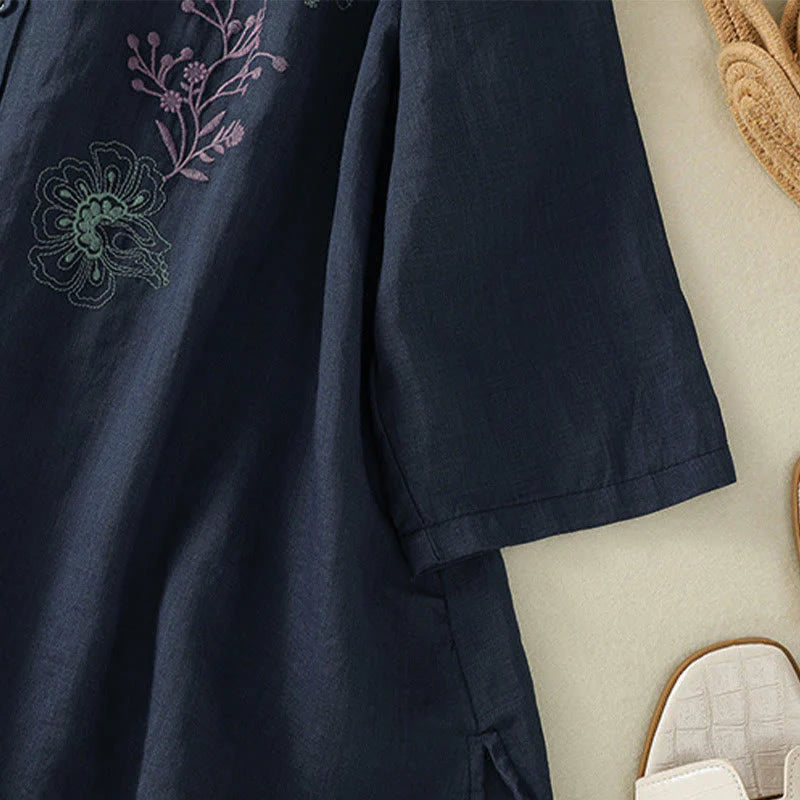 Buddha Stones Embroidery Pleated Design Stand Collar Three Quarter Sleeve Side Slit Hem Women's Cotton Shirt