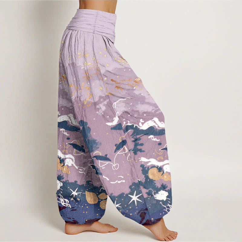 Buddha Stones Cotton Waves Sky Pattern Women's Elastic Waist Harem Pants
