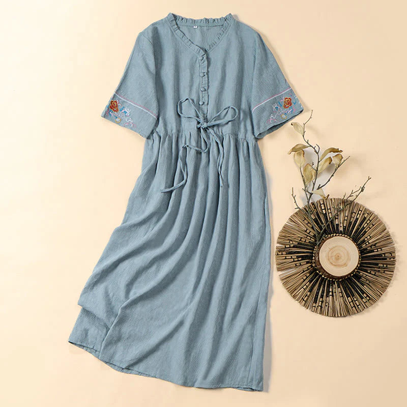 Buddha Stones Summer V-Neck Floral Embroidery Design Short Sleeve Cotton Midi Dress With Pockets