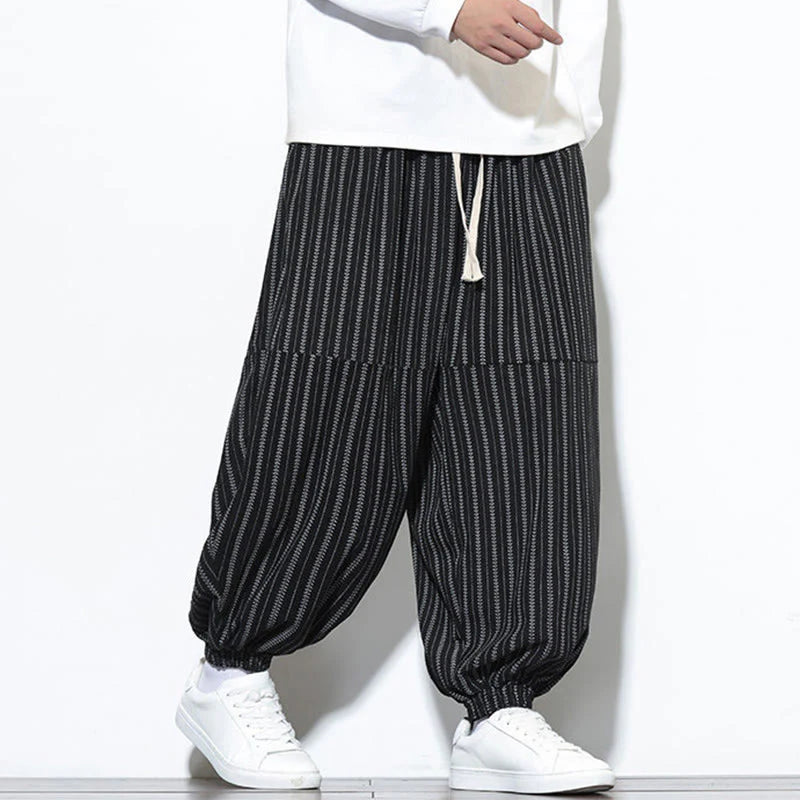 Buddha Stones Fall Striped Pattern Drawstring Men's Harem Corduroy Pants With Pockets