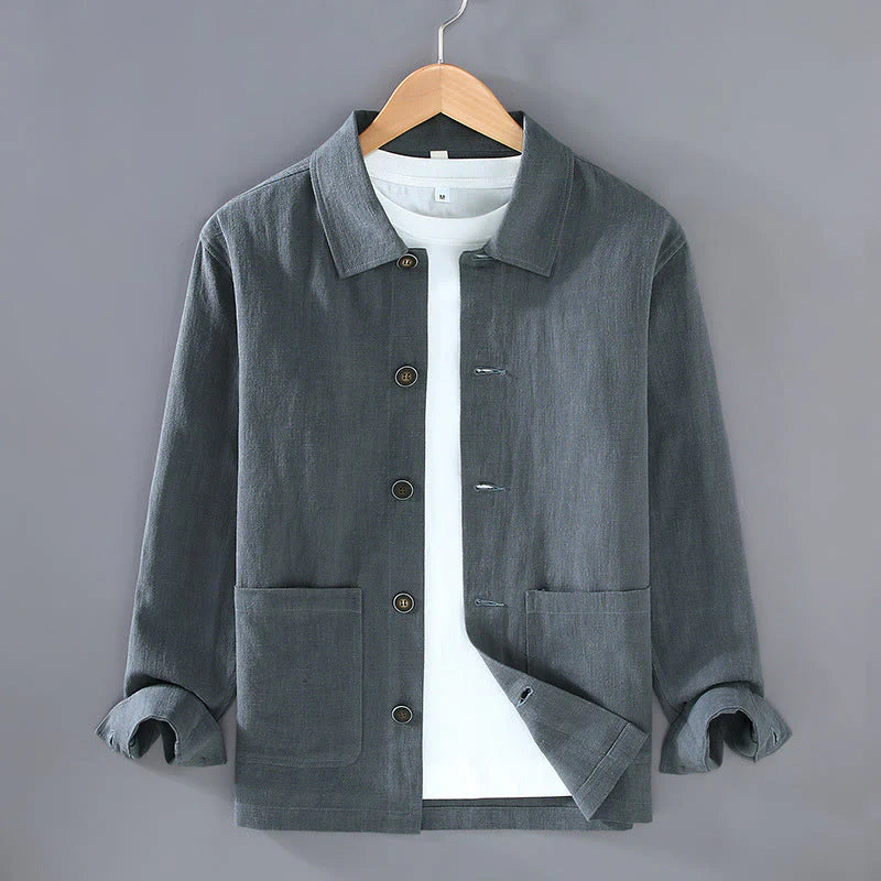 Buddha Stones Commute Plain Long Sleeve Button Lapel  Design Men's Ramie Linen Jacket With Pockets