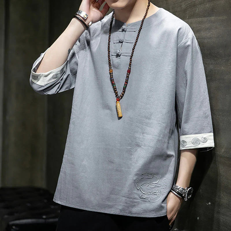 Buddha Stones Summer Embroidery Plain Frog-Button Men's Crew Neck Half Sleeve Cotton Linen Shirt Clothing