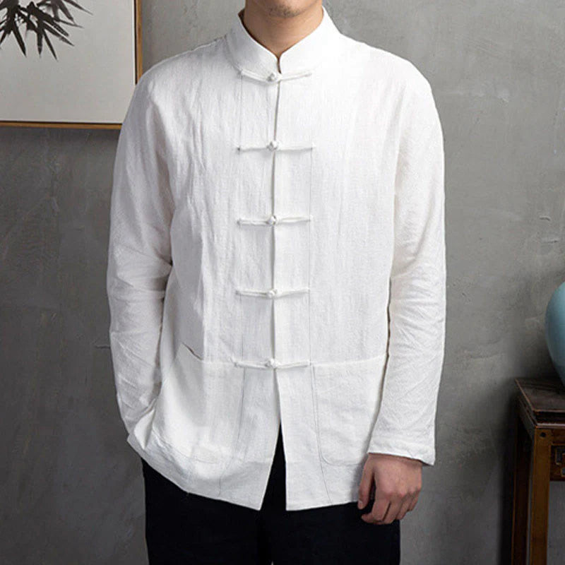 Buddha Stones Solid Color Casual Frog-button Men's Shirt Clothing
