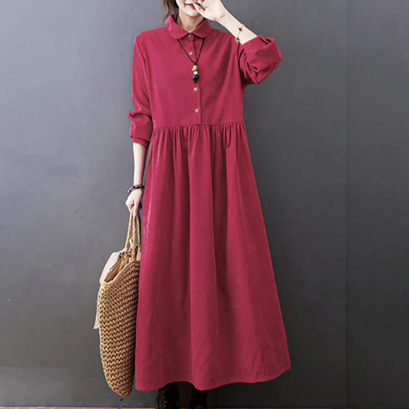 Buddha Stones Fall Buttons Design Long Sleeve Cotton Corduroy Midi Dress With Pockets