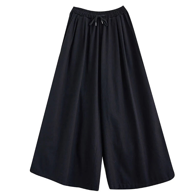Buddha Stones Retro Leg Opening Slit Design Women's Wide Leg Pants With Pockets