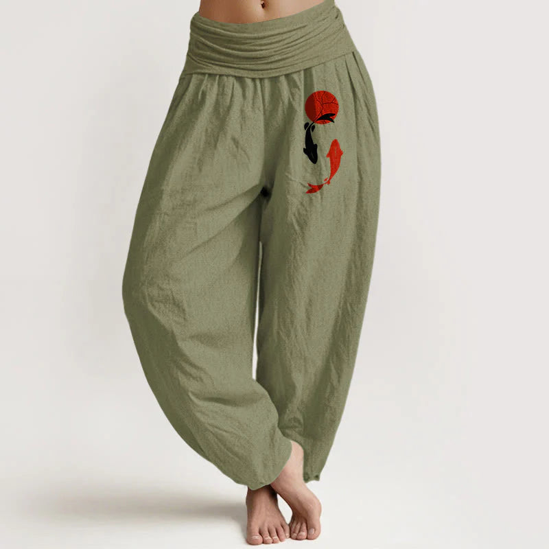 Buddha Stones Koi Fish Red Sun Pattern Pure Cotton Women's Elastic Waist Harem Pants