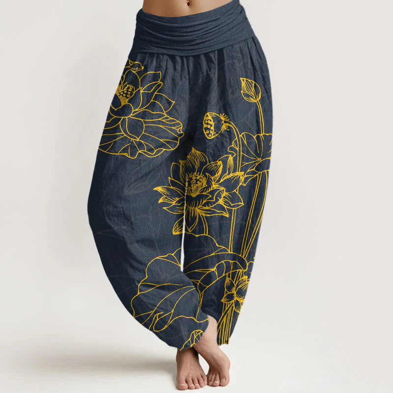 Buddha Stones Pure Cotton Concise Lotus Flower Leaf Pod Bud Pattern Women's Elastic Waist Harem Pants