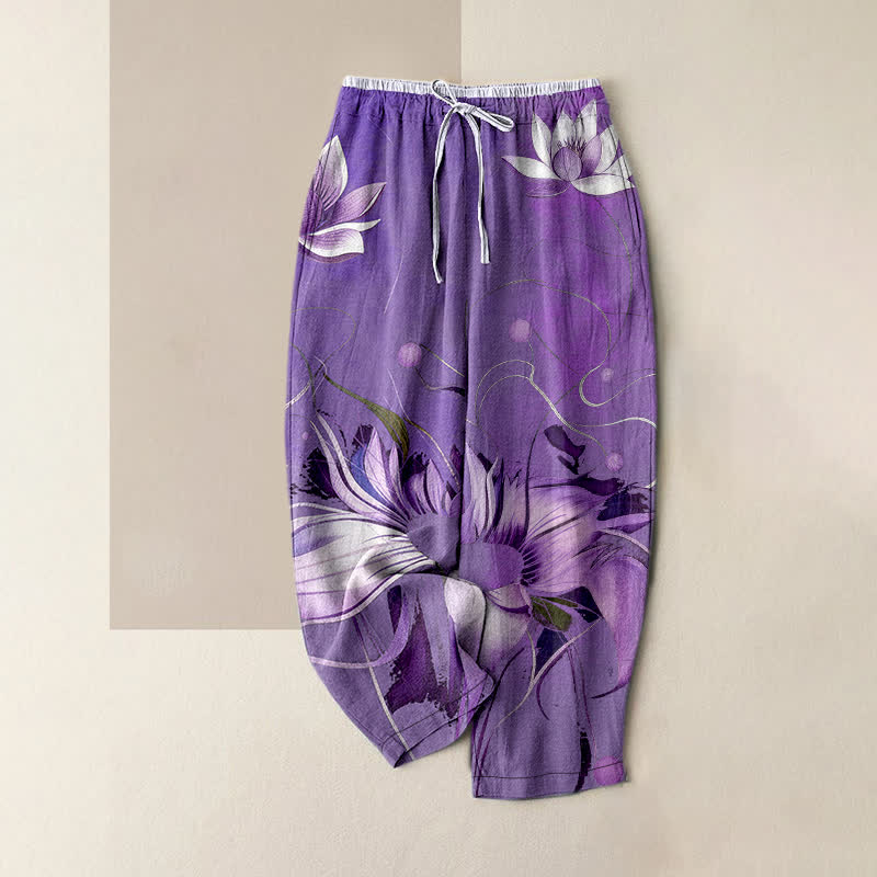Buddha Stones Pure Cotton Purple Lotus Print Elastic Waist Women's Pants With Pockets