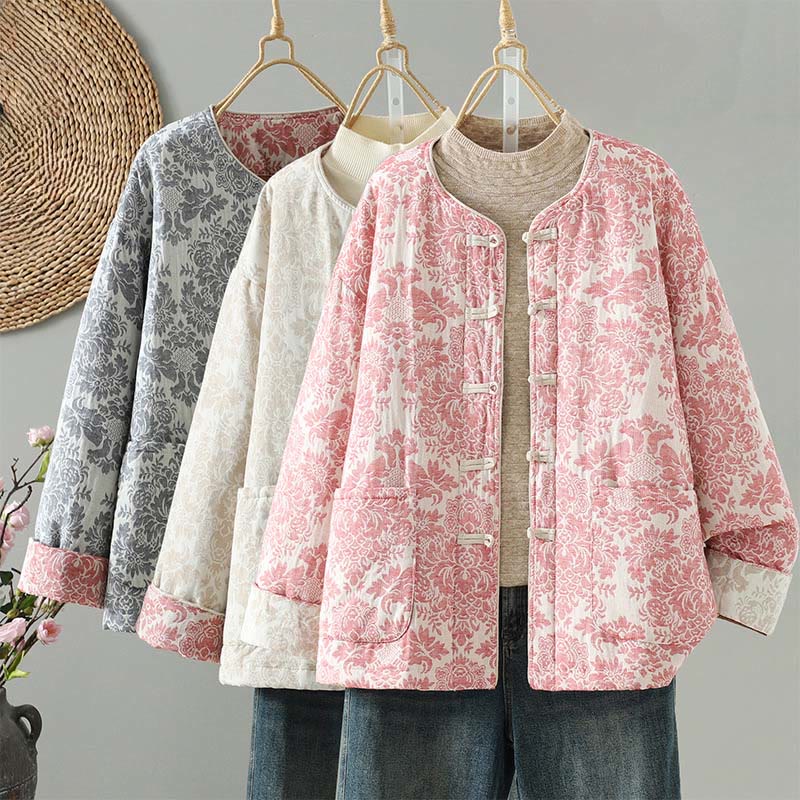 Buddha Stones Women's Peony Flowers Frog-Button Design Long Sleeve Thermal Jacket With Pockets