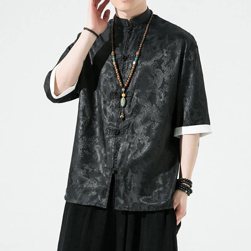 Buddha Stones Summer Cashew Flowers Pattern Men's Frog-Button Half Sleeve Shirts