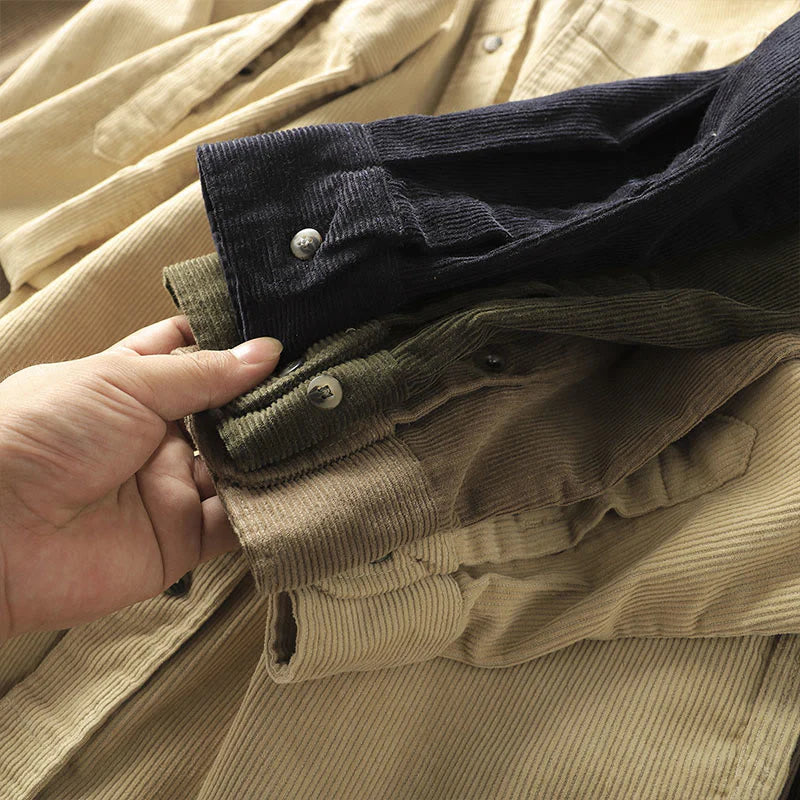 Buddha Stones Lapel Corduroy Solid Color Men's Long Sleeve Cotton Thickened Jacket With Pockets