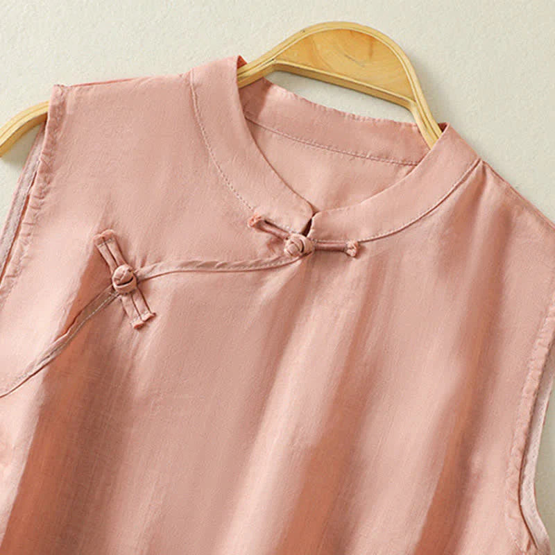 Buddha Stones Summer Retro Plain Frog-Button Stand Collar Women's Sleeveless Vest