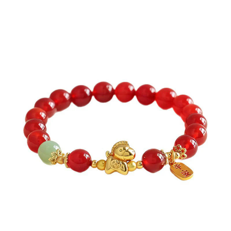 Buddha Stones Year Of The Horse Hetian Jade Black Obsidian Red Agate Strength Bracelet