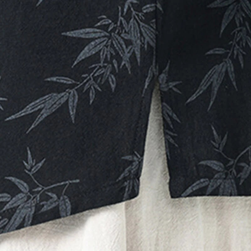 Buddha Stones Summer Bamboo Leaves Pattern Chinese Frog-Button Cotton Linen Short Sleeve Men's Shirt