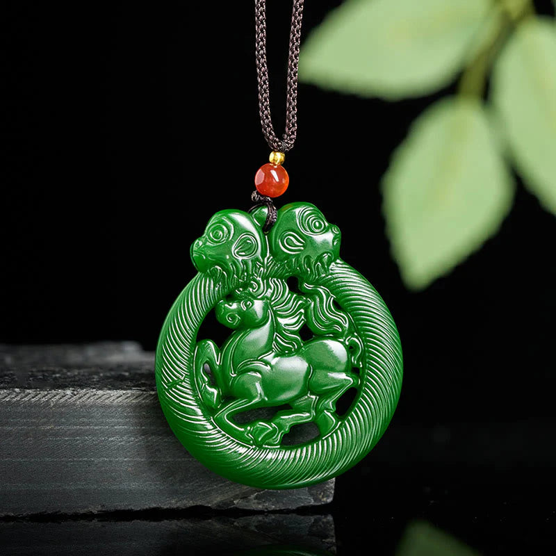 Buddha Stones Year Of The Horse Jade Prosperity Hollow Necklace Pendants