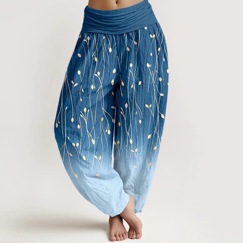 Buddha Stones Branches Leaves Pattern Gradient Women's Elastic Waist Pure Cotton Harem Pants