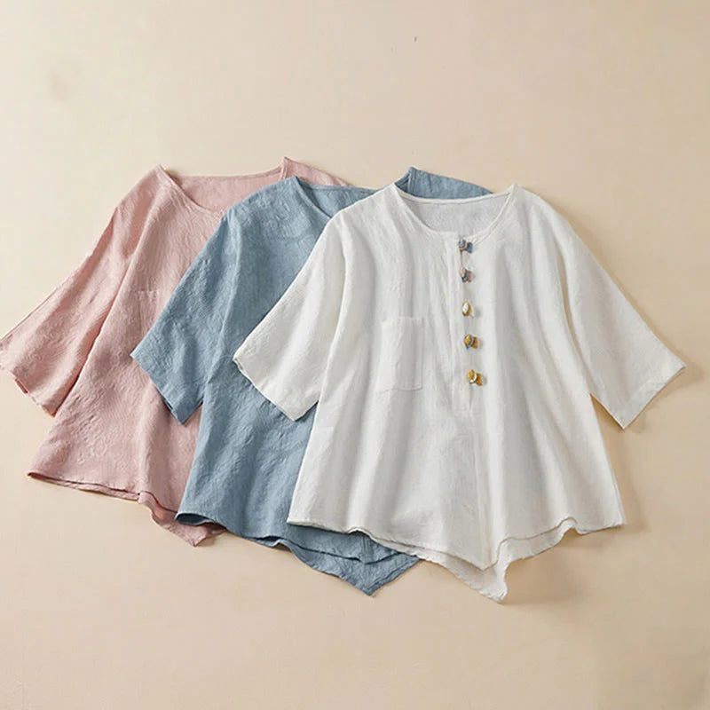 Buddha Stones Casual Flower Colorful Frog Button Half Sleeve Cotton Linen Women's Shirt