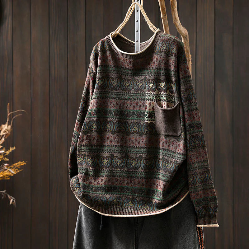 Buddha Stones Fall Plant Floral Pattern Crew Neck Long Sleeve Women's Cotton Sweater With Pocket