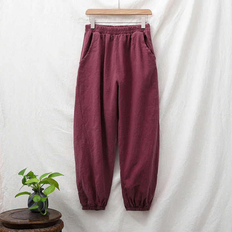 Buddha Stones Plain Color Ramie Linen Cotton Pants With Pockets