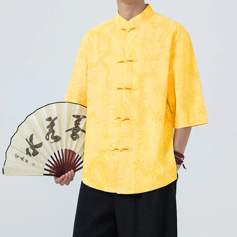 Buddha Stones Summer Dragon Auspicious Clouds Pattern Tang Suit Men's Frog-Button Half Sleeve Cotton Shirt