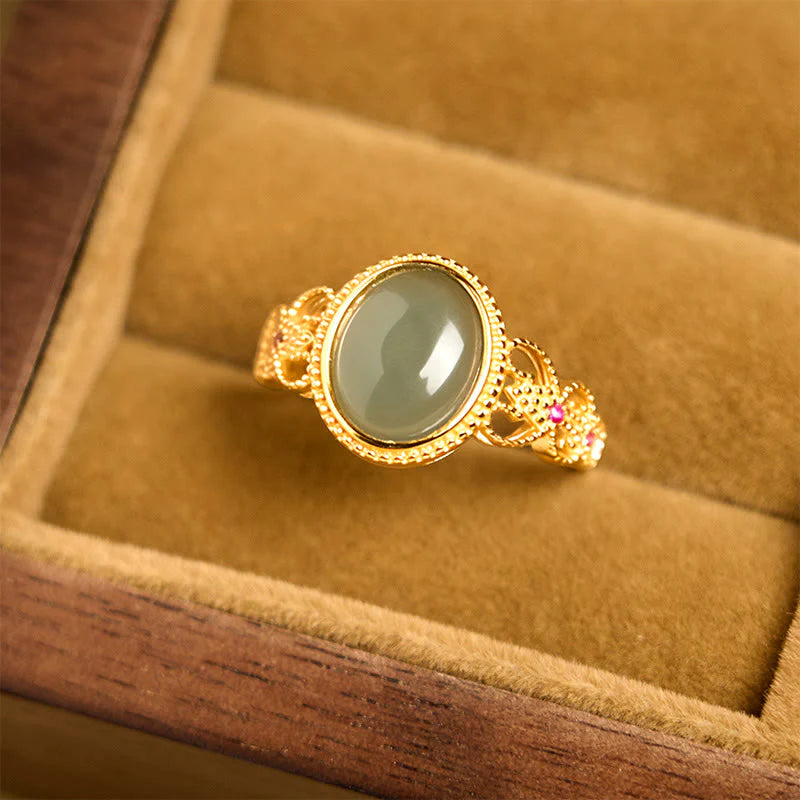 Buddha Stones Natural 925 Sterling Silver Plated Gold Hollow Design Jade Luck Ring