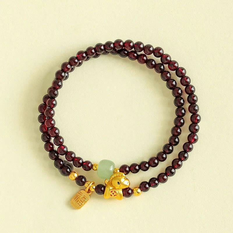 Buddha Stones Year Of The Horse Garnet Jade Fu Character Stability Double Wrap Bracelet
