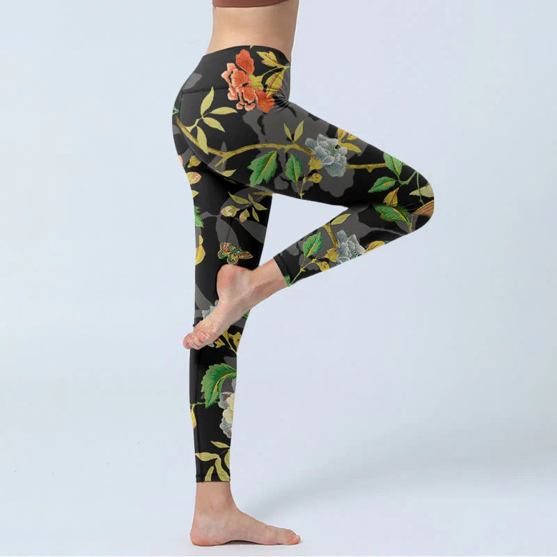 Buddha Stones Classical Flower Leaf Butterfly Bird Pattern Print Gym Leggings Women's Yoga Pants