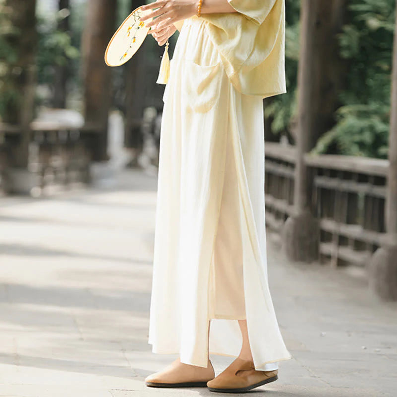 Buddha Stones Solid Color Hem Slit Design Women's Skirt Pants With Pockets