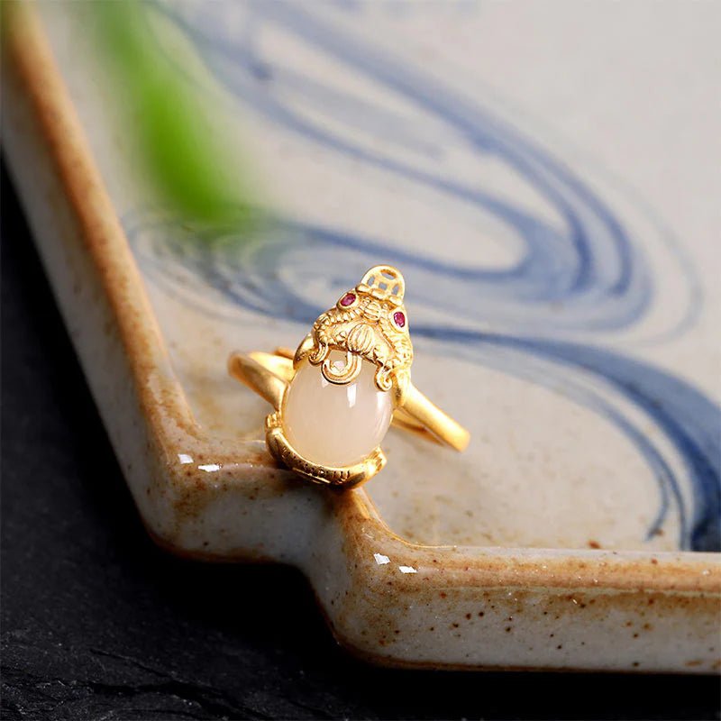Buddha Stones 18k Gold-plated Pixiu Jade Wealth Ring (Extra 35% Off | USE CODE: FS35)