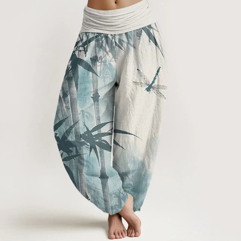 Buddha Stones Cotton Casual Bamboo Leaves Dragonfly Pattern Women's Elastic Waist Harem Pants