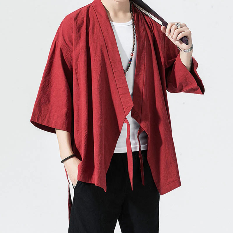 Buddha Stones Tang Suit Open Front Jacket Cotton Linen Men's Three Quarter Sleeve Kimono
