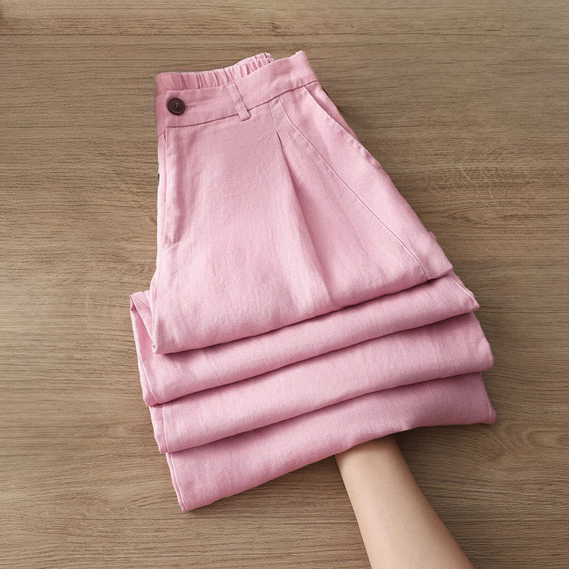 Buddha Stones Women's Fall Commute Solid Color Zipper Design Cotton Wide Leg Pants With Pockets