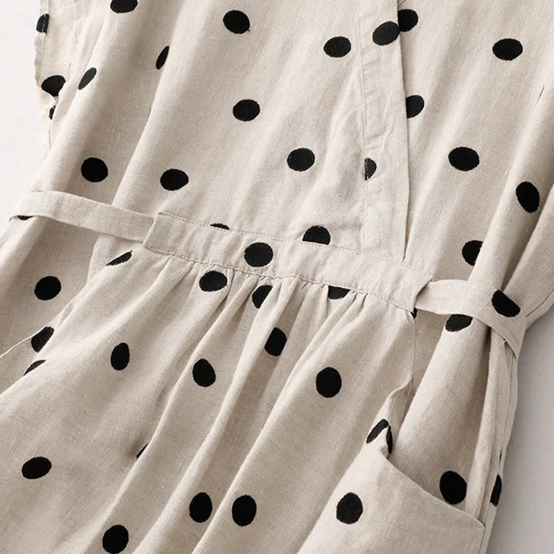 Buddha Stones Polka Dot V-Neck Lace-up Cotton Linen Women's Midi Dress With Pockets