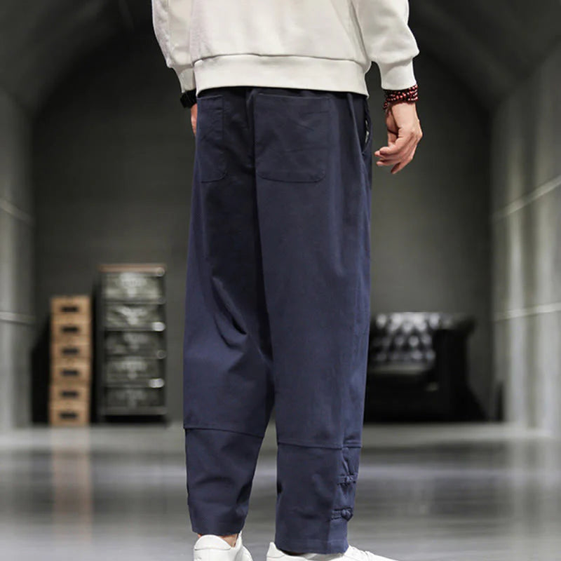 Buddha Stones Drawstring Elastic Waist Frog-Button Ankle-Length Men's Cotton Pants With Pockets
