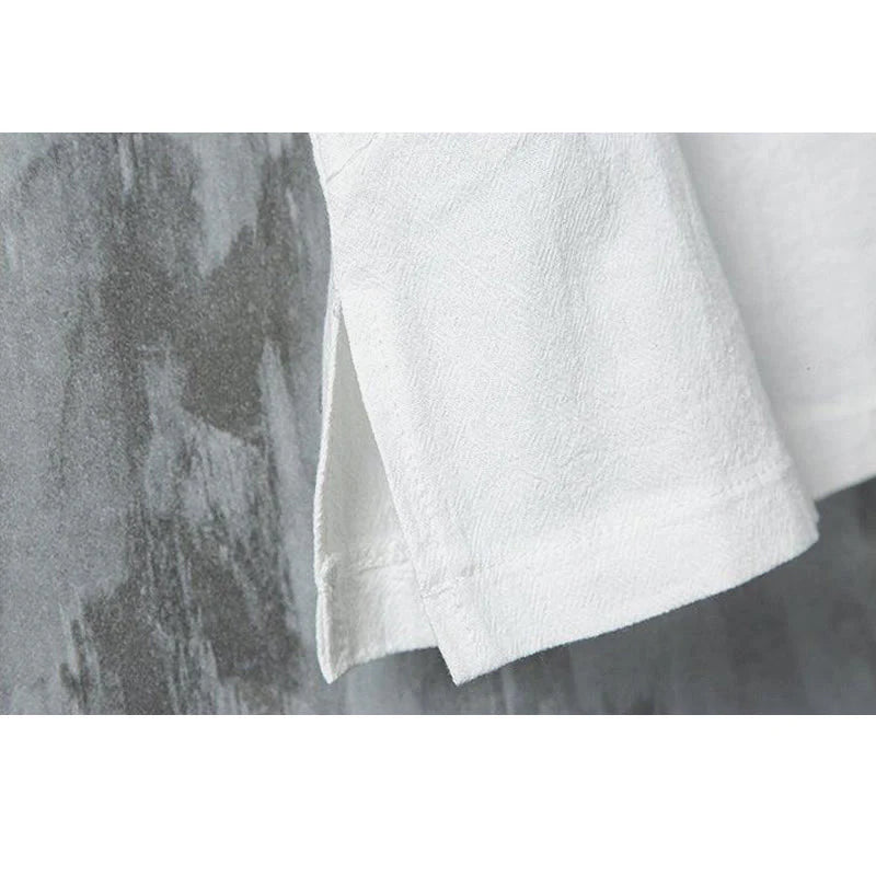 Buddha Stones Summer Chinese Frog-Button Printing Men's Plain Patchwork Half Sleeve Cotton Linen Shirt
