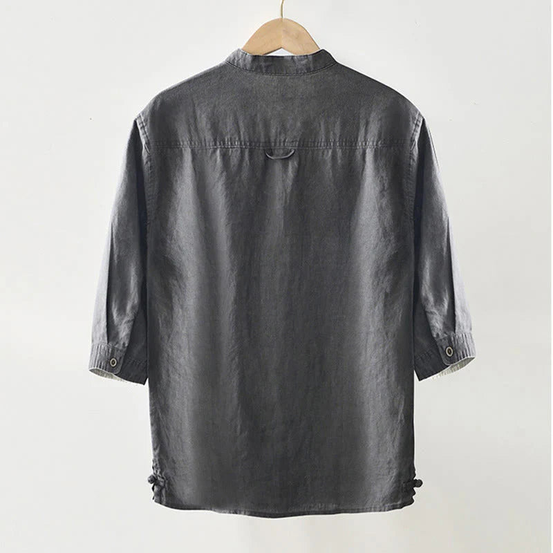 Buddha Stones Fall Solid Color Buttons Down Stand Collar Three Quarter Sleeve Linen Men's Shirt With Pockets