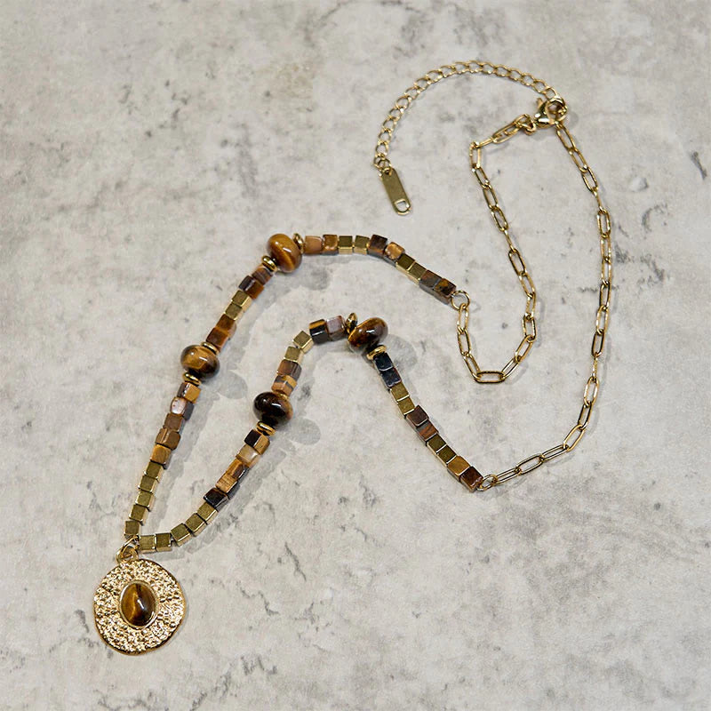 Buddha Stones Natural Tiger Eye Square Protection Titanium Steel Necklace Pendant