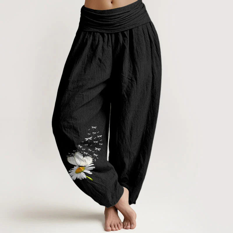 Buddha Stones Pure Cotton Elegant Daisy Butterfly Dragonfly Pattern Women's Elastic Waist Harem Pants