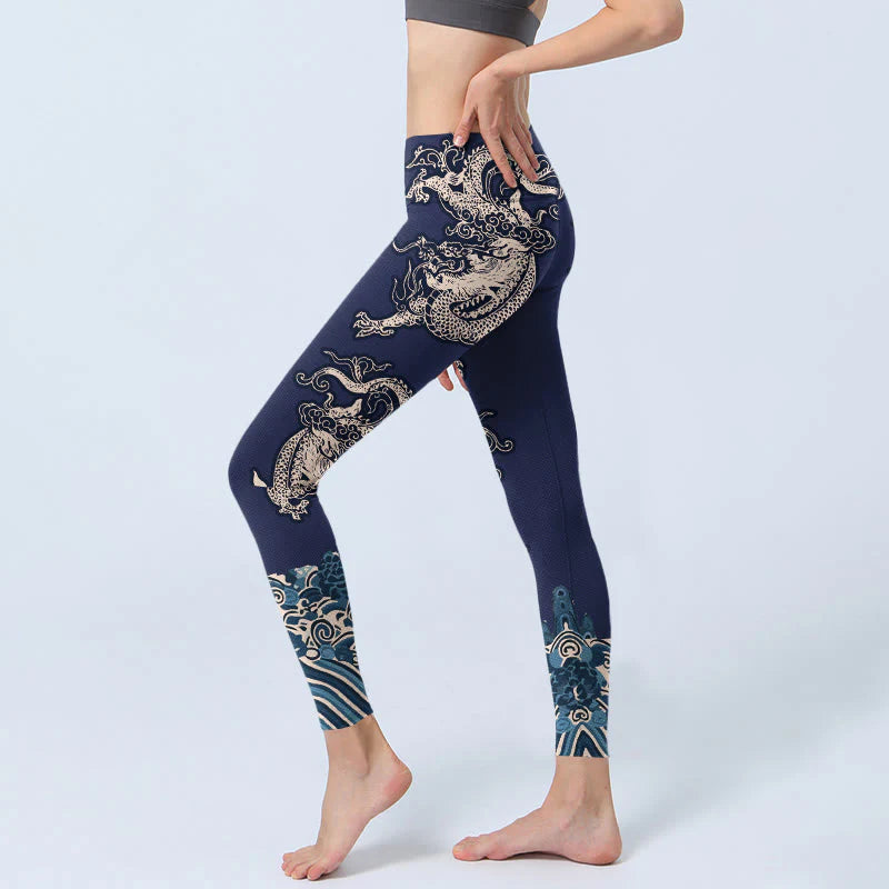Buddha Stones Symmetry Dragon Wave Pattern Print Gym Leggings Women's Yoga Pants